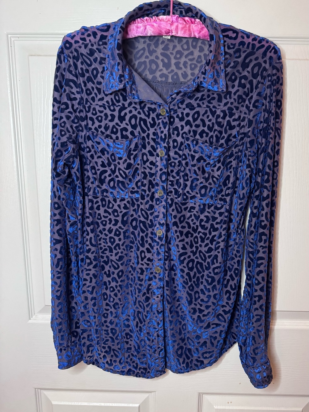 Umgee Blue and Blush Leopard Print Button-Down Shirt